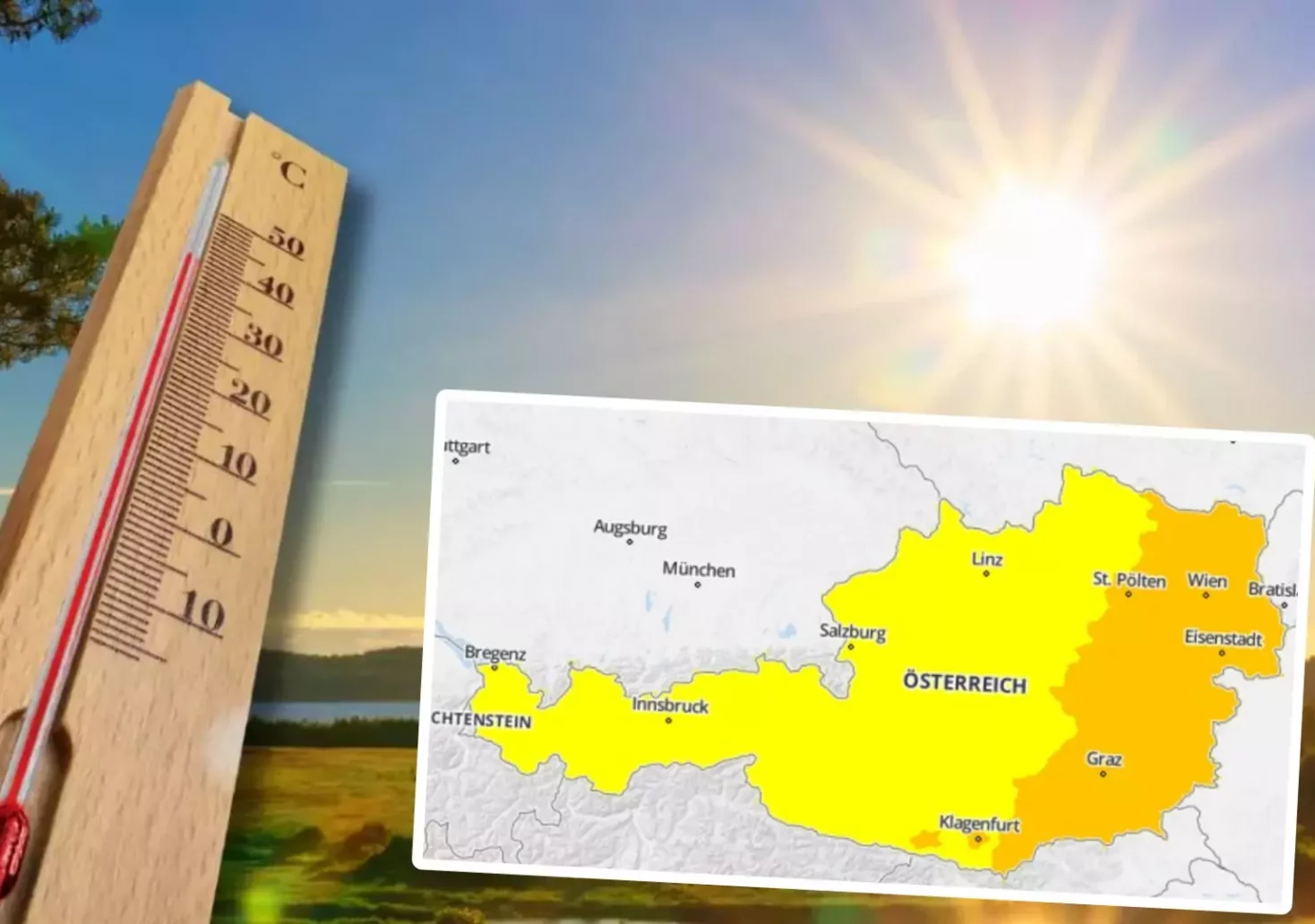Foto in Beitrag von 5min.at: Zu sehen ist ein Thermometer, die Sonne im Hintergrund und die Hitzewarnung in Österreich für Freitag und Samstag.