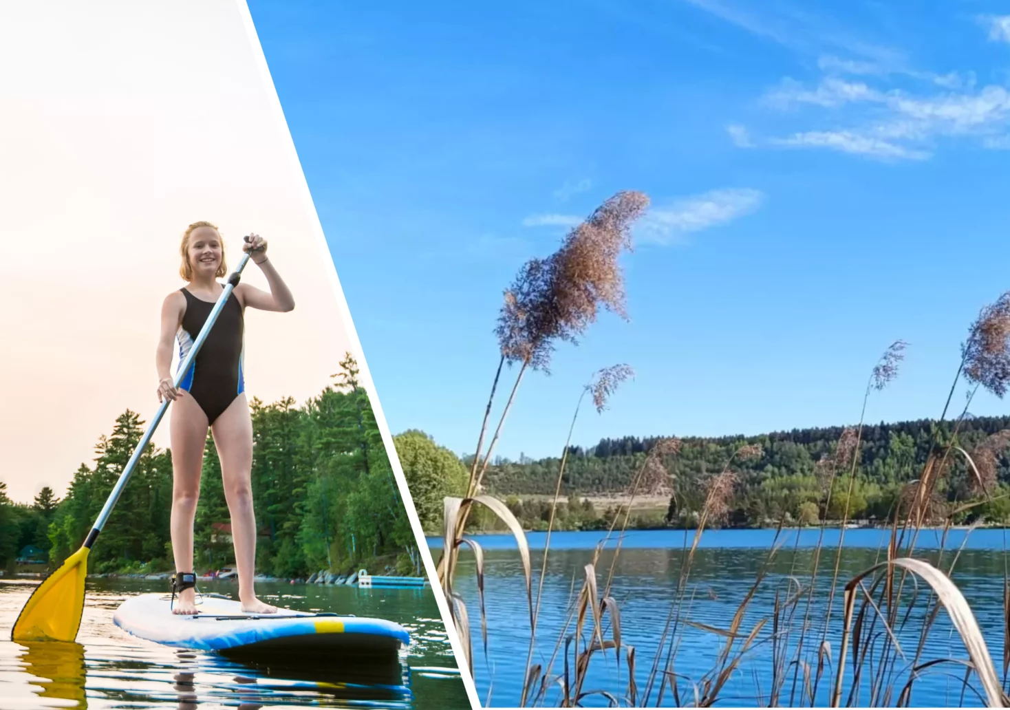 Eine Bildmontage auf 5min.at zeigt eine Stand-up-Paddlerin und den Silbersee nahe Villach.
