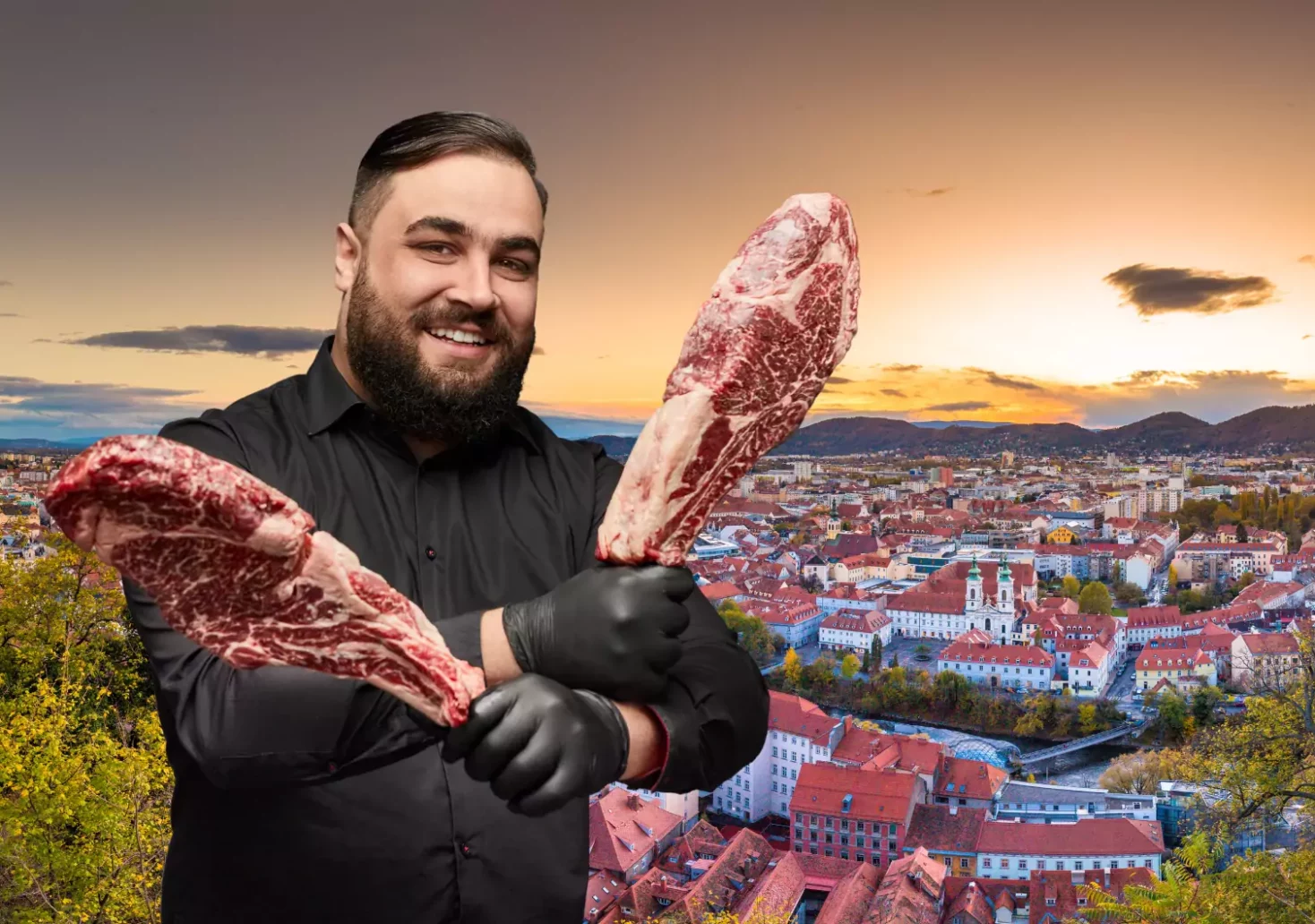 Bild auf 5min.at zeigt eine Montage von einem Fleischhauer vor Graz
