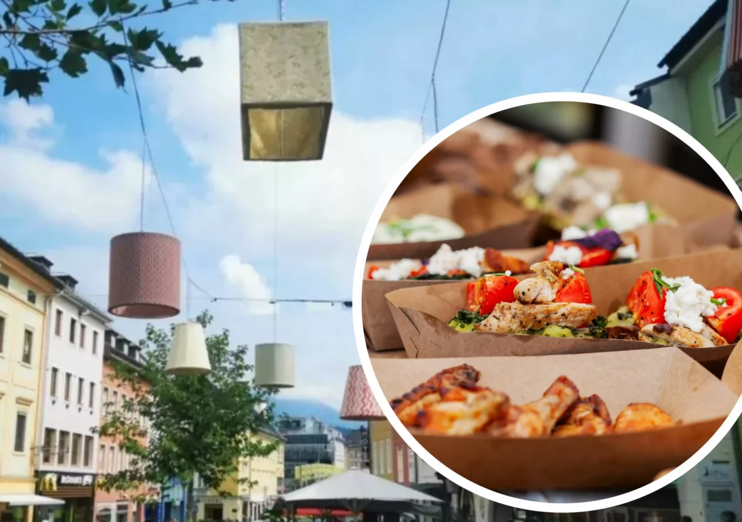 Ein Bild auf 5min.at zeigt eine Fotomontage von Villach und dem Essen beim Streetfood Market