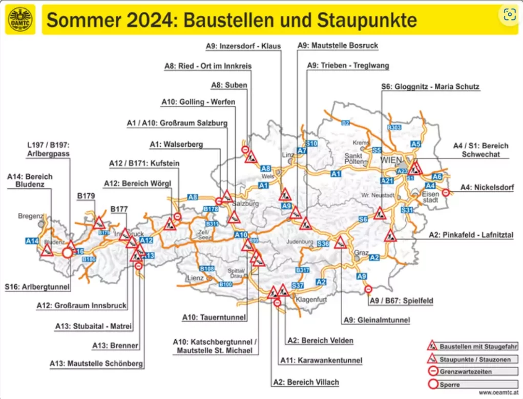 Auf dem Bild sind alle Staupunkte für die Sommerferien 2024 in ganz Österreich zu sehen.