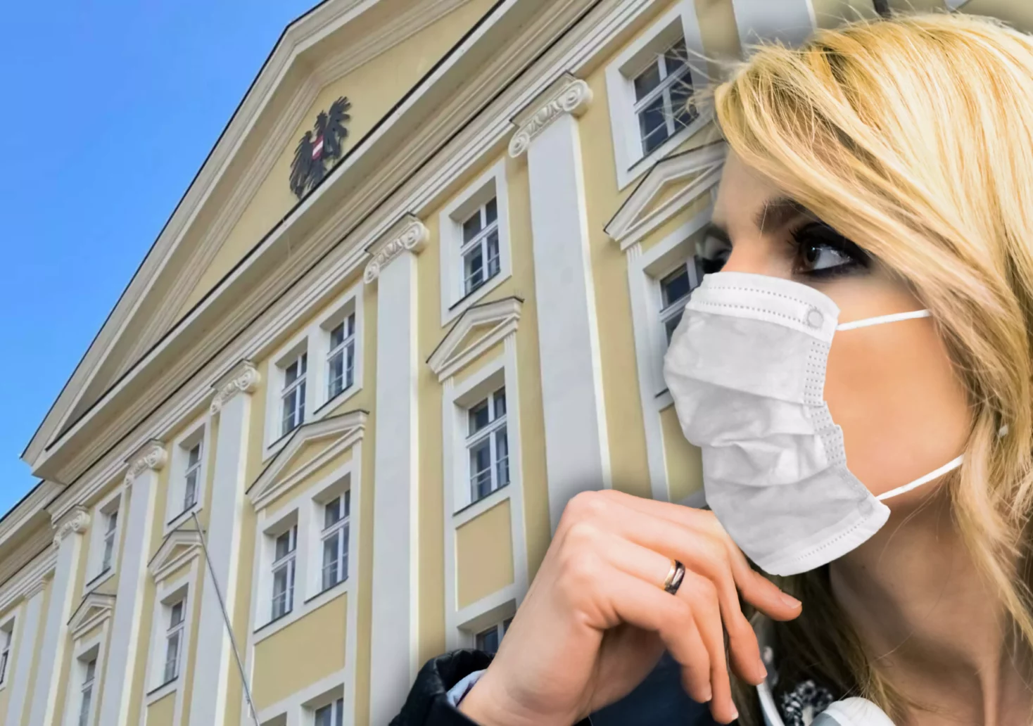 Eine Bildmontage auf 5min.at zeigt eine Frau, die einen Mund-Nasen-Schutz trägt, vor dem Landesgericht Klagenfurt.